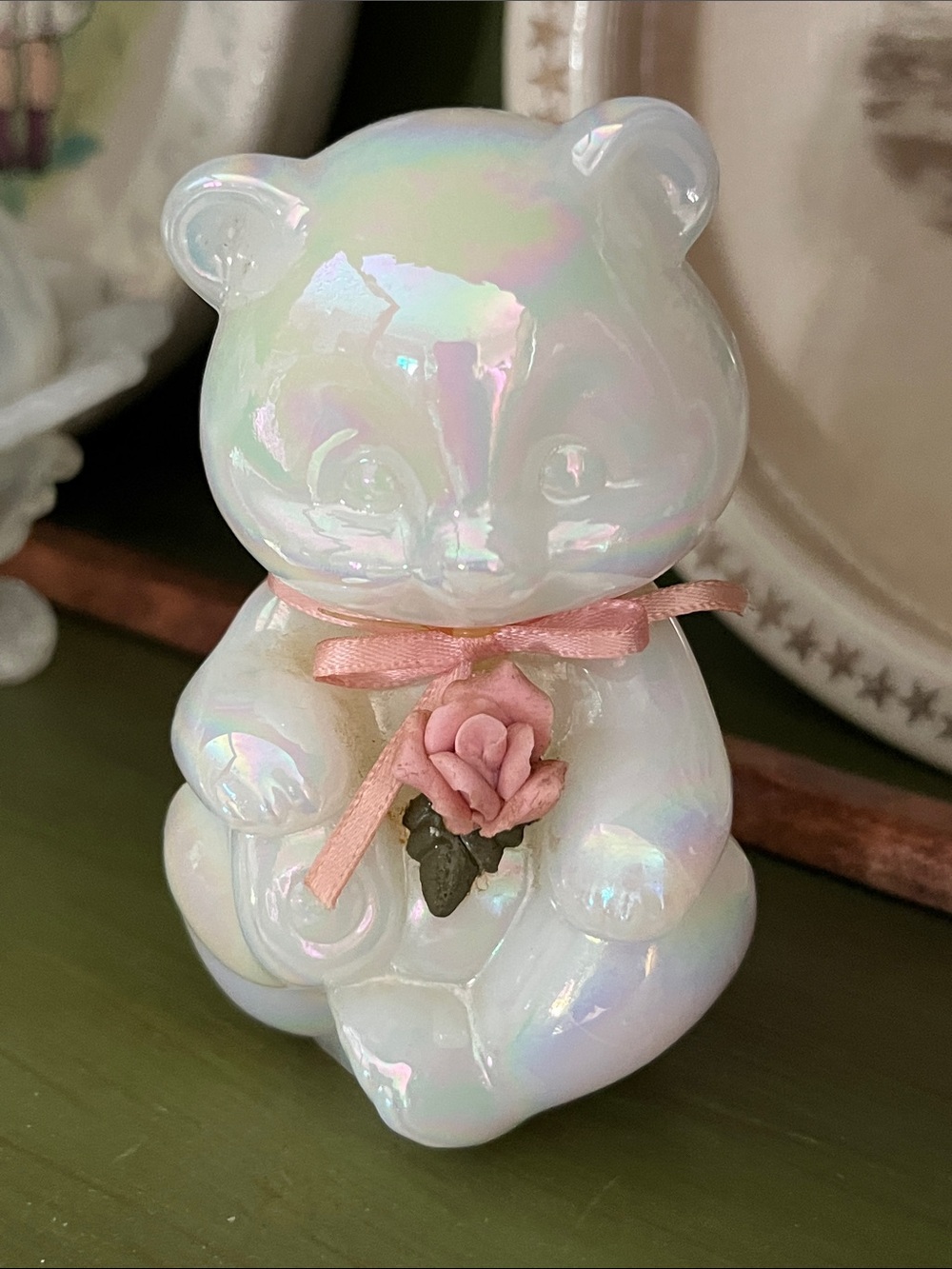 Art Glass Fenton Opalescent Bear With Pink Ribbon & Flower
